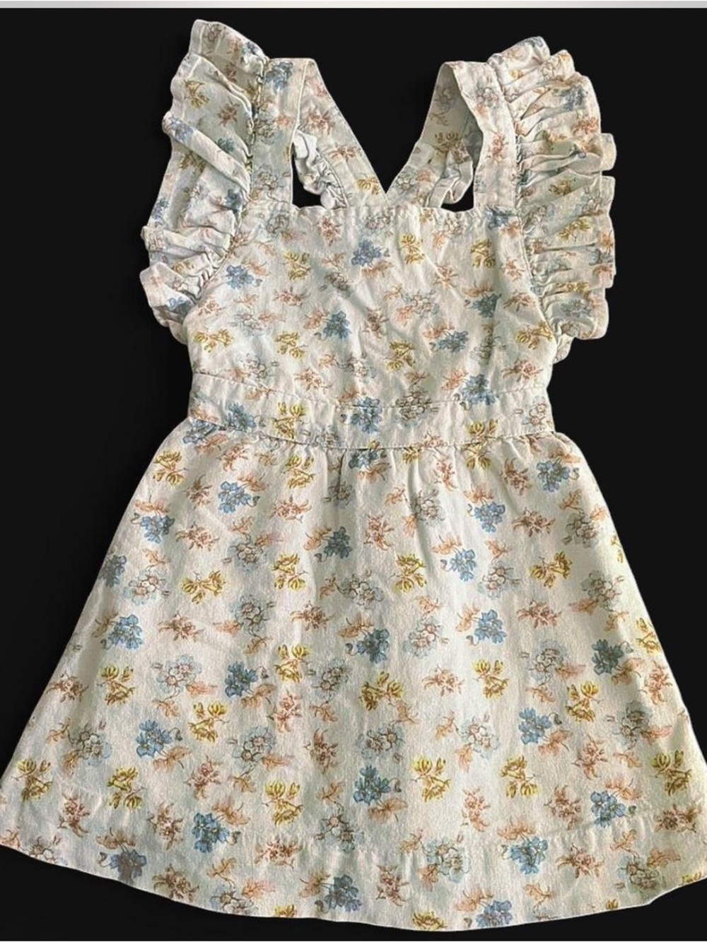 Something Navy Girls Floral Ruffle Dress in White with Blue & Yellow Flowers